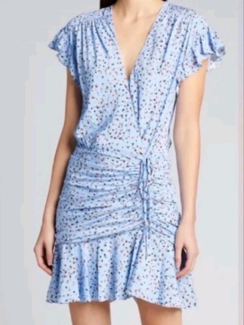 Veronica Beard Light Blue Floral V-Neck Ruched Tie  Silk Dress